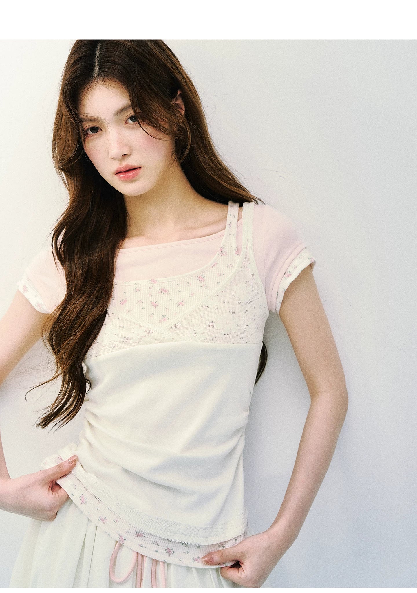 SunsetPark Fake Three Piece Lace Sling Vest Knitted Tee