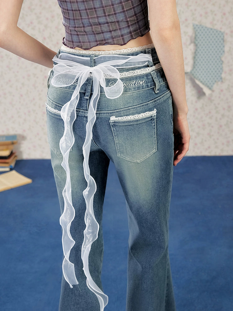 UNIFREE Double Waist Lace Stitching Slim Fit Jeans