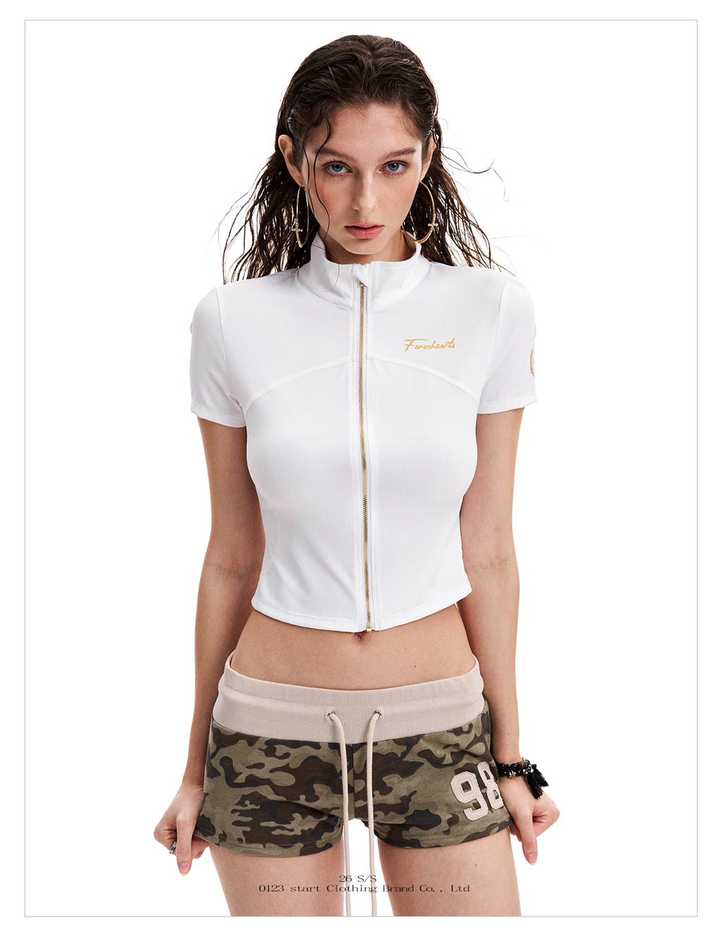 0123Start Slim-fit Short Stand-up Collar Zipper Tee