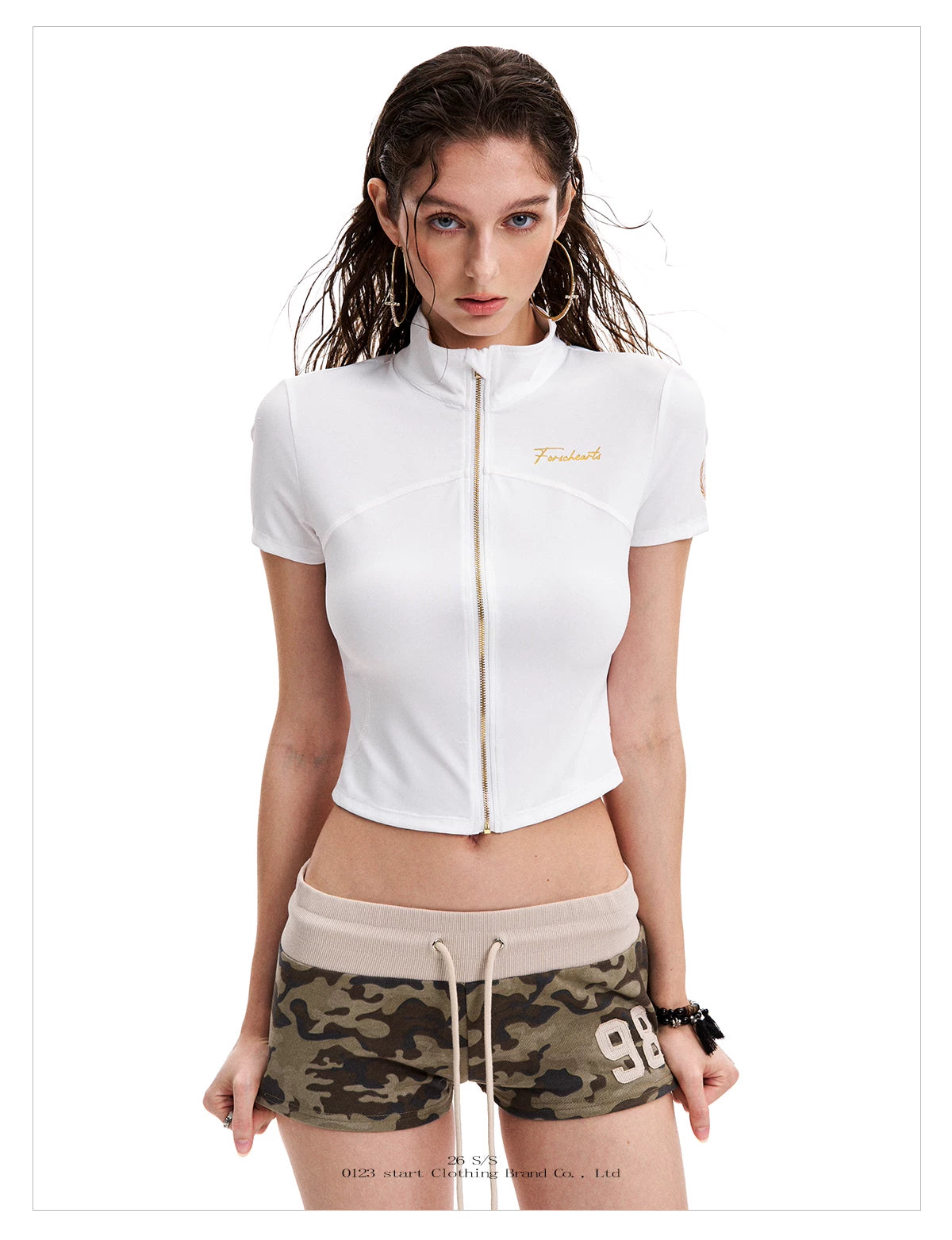 0123Start Slim-fit Short Stand-up Collar Zipper Tee