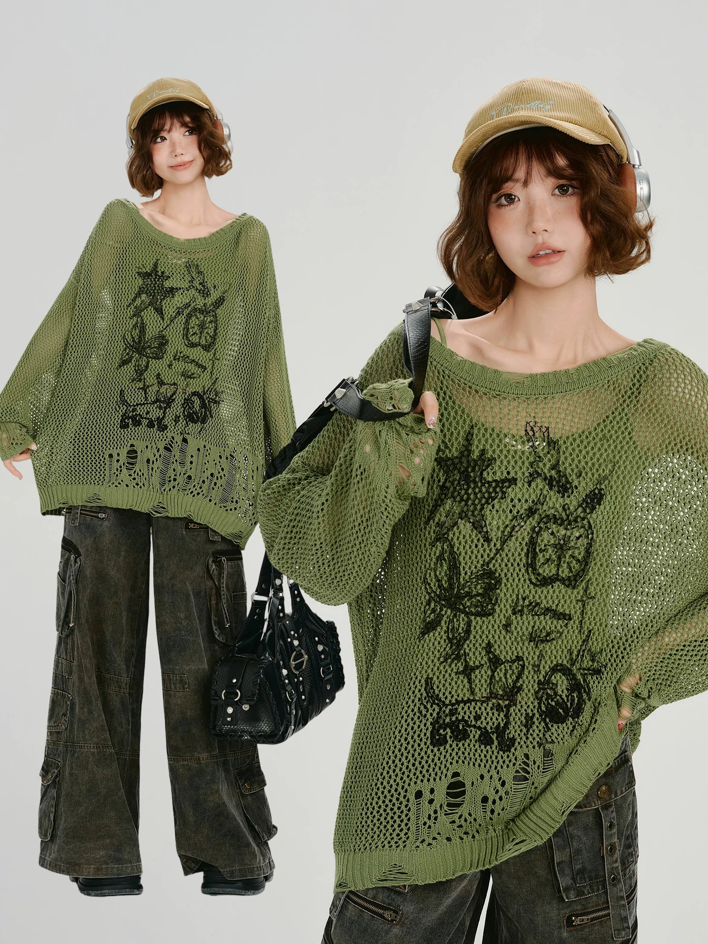 Girlyhalo Vintage Cut-Out Knitted Loose Blouse