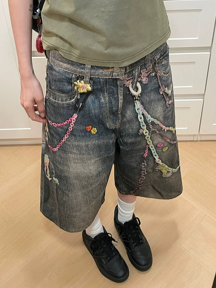 MMBBT Graffiti Print Washed Cropped Jeans