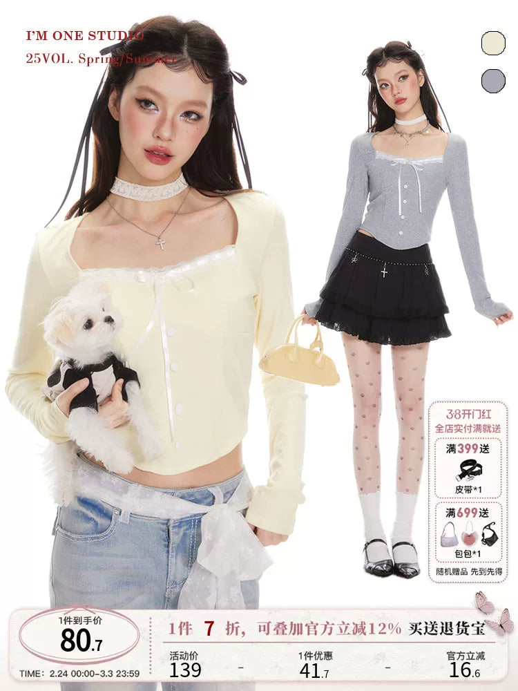Imone Vintage Lace Bow Square Neck Long Sleeve