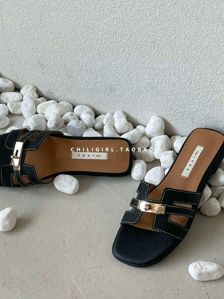 CHILIGIRL Metal Buckle Flat-bottomed Slippers