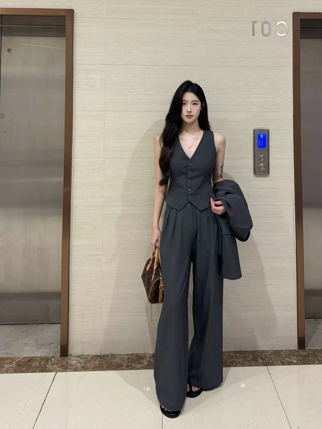 PANPANSTUDIO Simple Commuter Vest Wide-leg Pants Set
