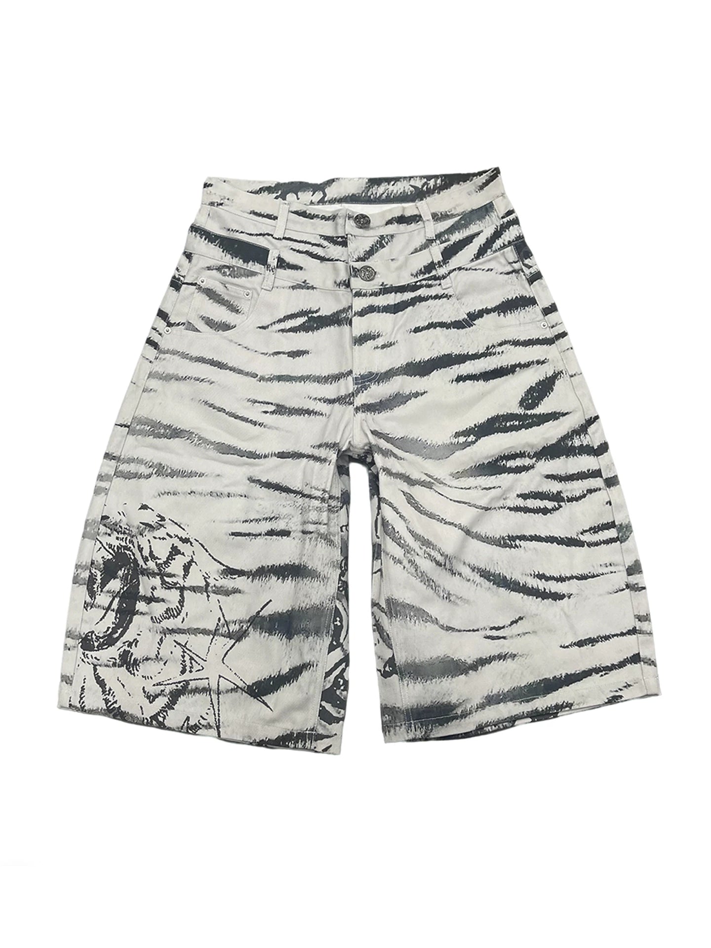 Luuucam Tiger Graffiti Print Seven-point Denim Shorts