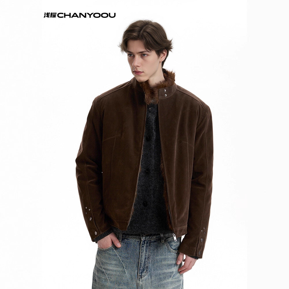 CHANYOOU Retro Stand-up Collar Fur Collar Fleece Short Coat
