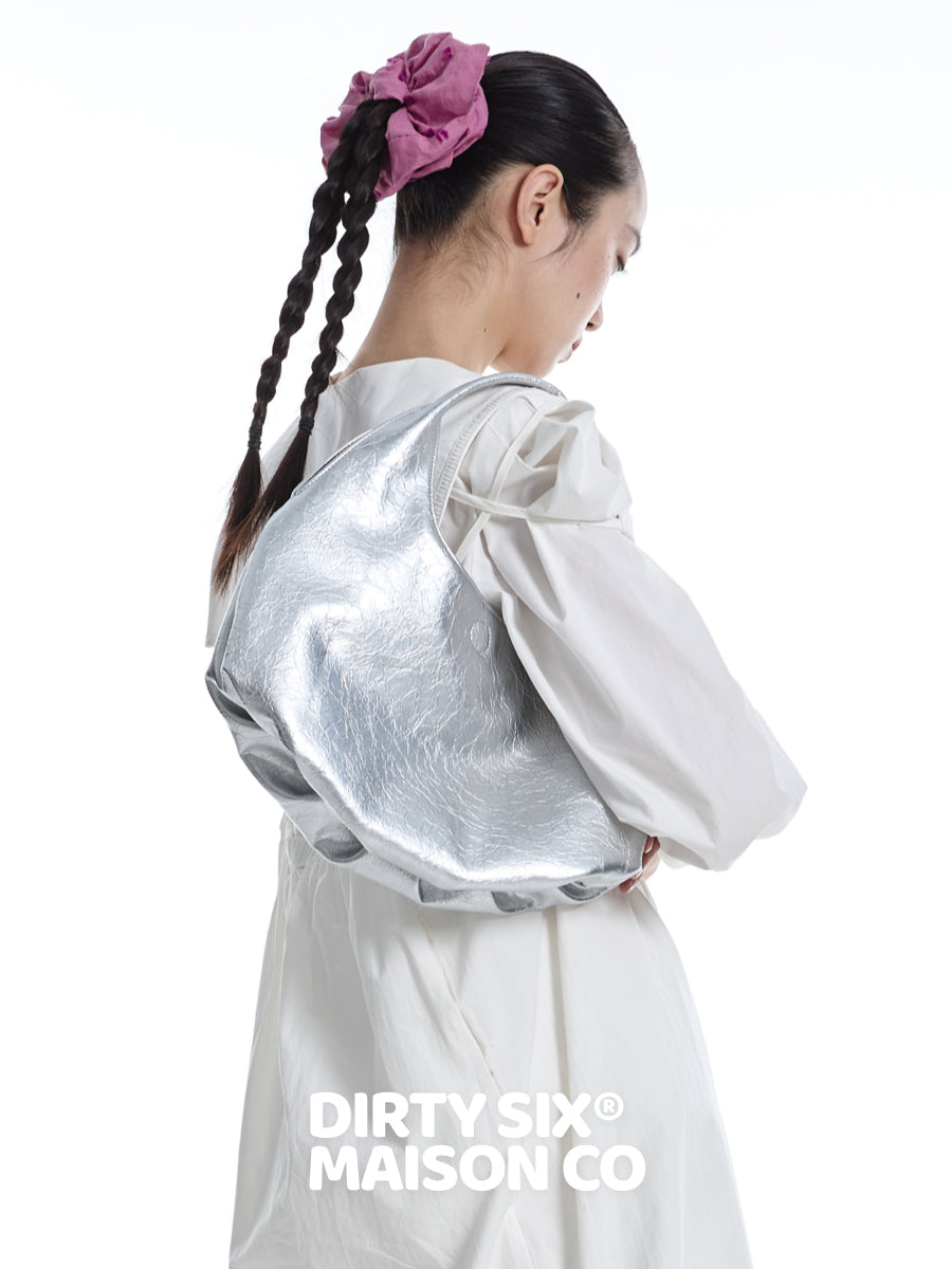 DirtySix Fuka bento bag soft pleated shiny leather shoulder underarm bag.