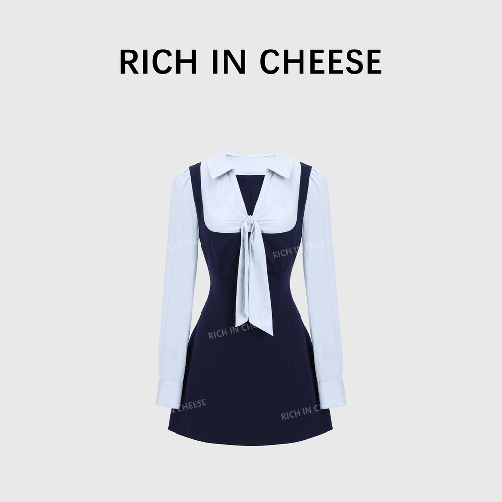 RICH IN CHEESE ACADEMY COLOR CONTRACT Splicing Bow Waist Dress