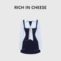 RICH IN CHEESE ACADEMY COLOR CONTRACT Splicing Bow Waist Dress