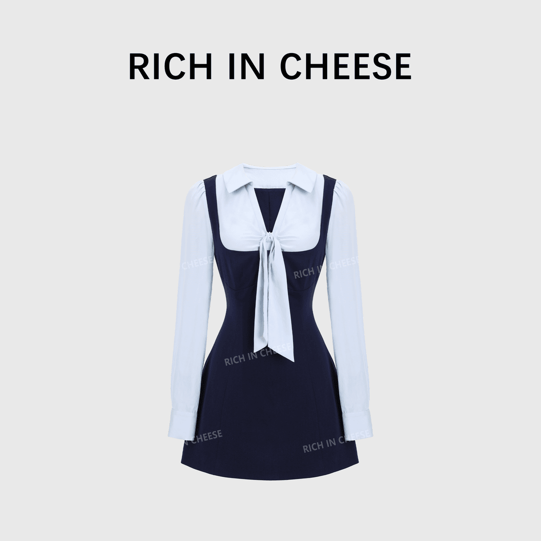 RICH IN CHEESE ACADEMY COLOR CONTRACT Splicing Bow Waist Dress