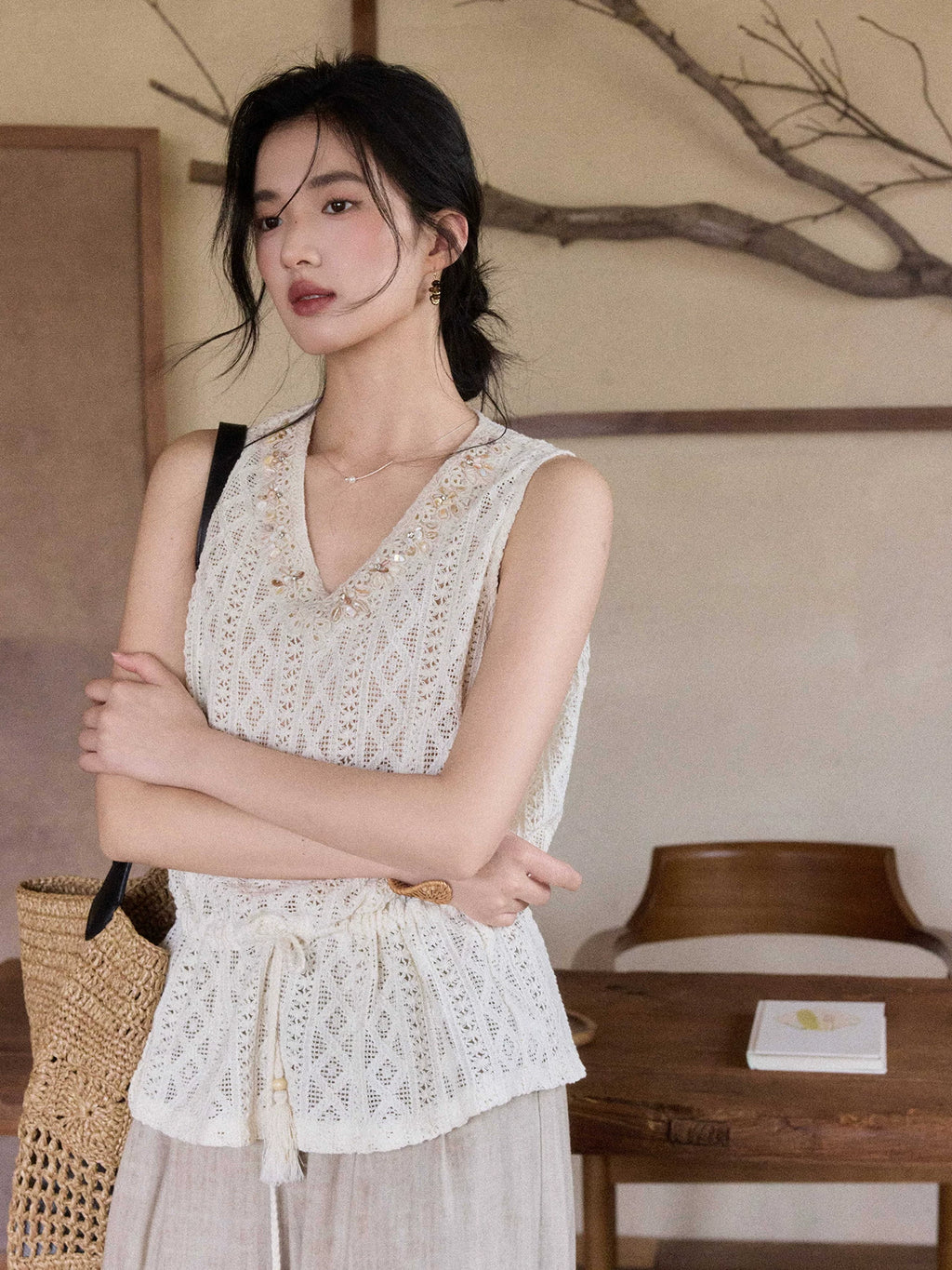 TYANG Bead Drawstring Top Hollow High Waist Skirt Set