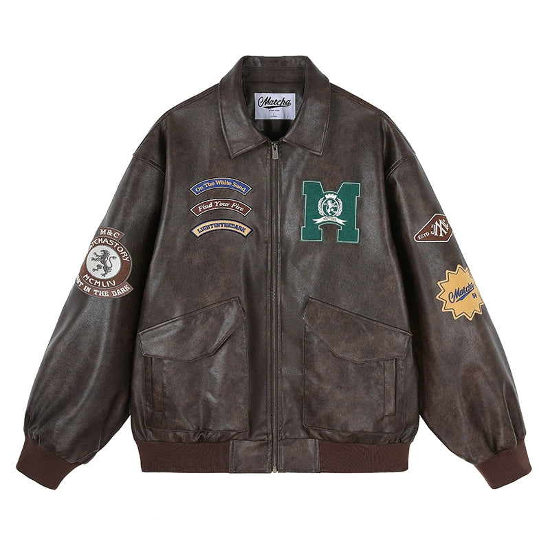 MATCHA STORY Badge Embroidered Lapel Leather Jacket