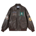 MATCHA STORY Badge Embroidered Lapel Leather Jacket