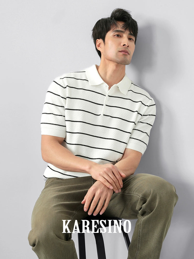 KARESINO Breathable Lapel Striped Polo Knitted Sweater