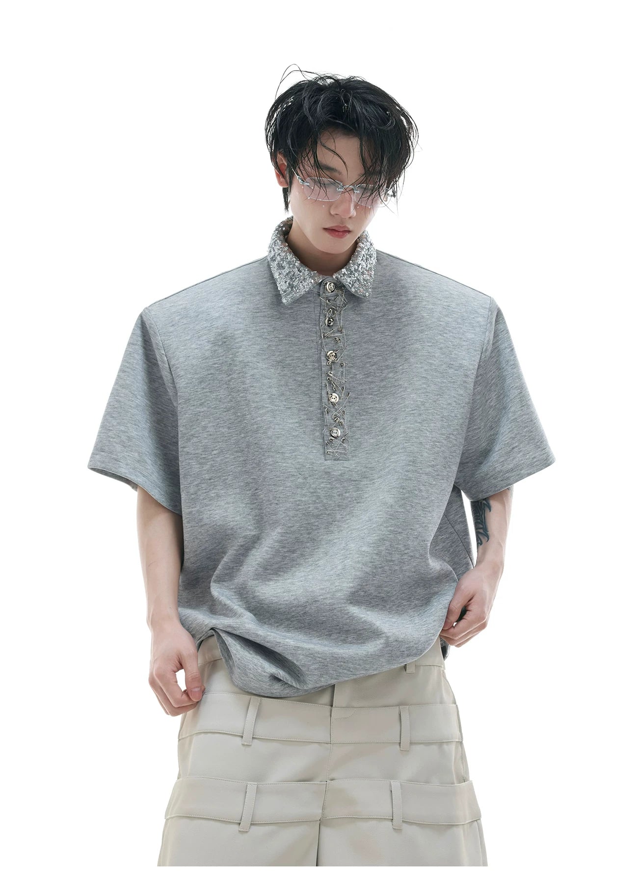 ArguECulturE Niche Sequined Square Neck Loose Polo Shirt Tee
