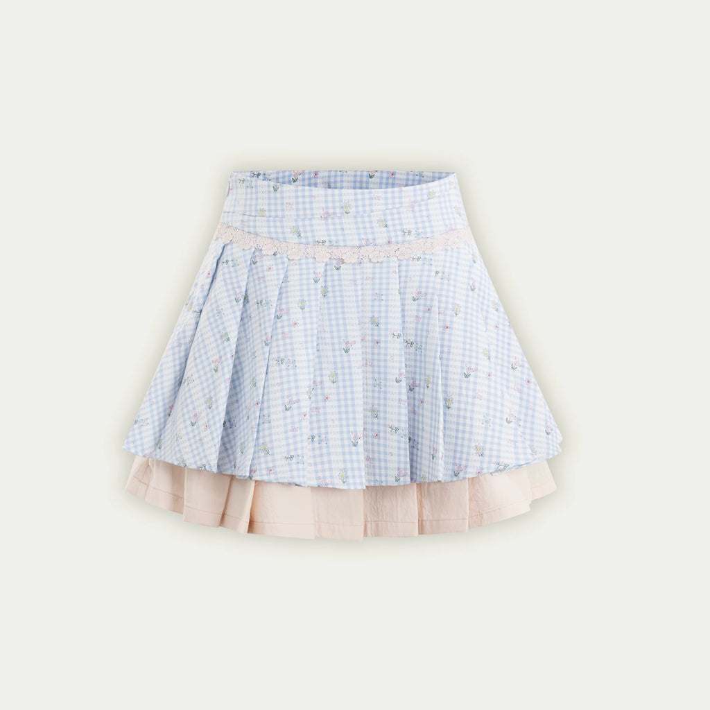 SunsetPark Floral Contrasting Plaid Shirt Pleated Skirt Set