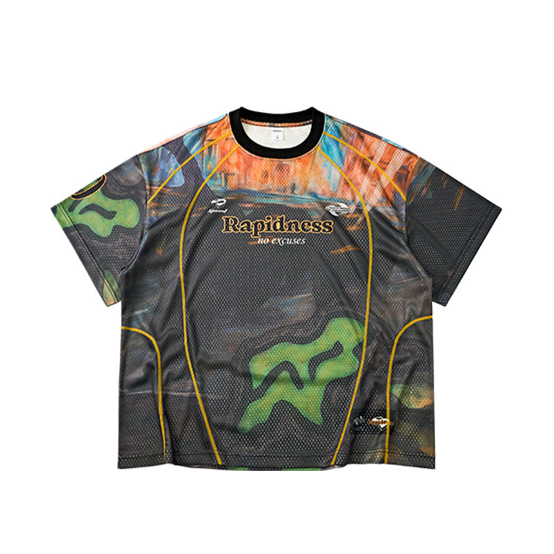 Inflation Contrast Color Line Retro Sports Short Sleeve T-Shirt