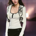 AGAM Flower Cardigan U-neck Slim-fit Contrasting Vest Set