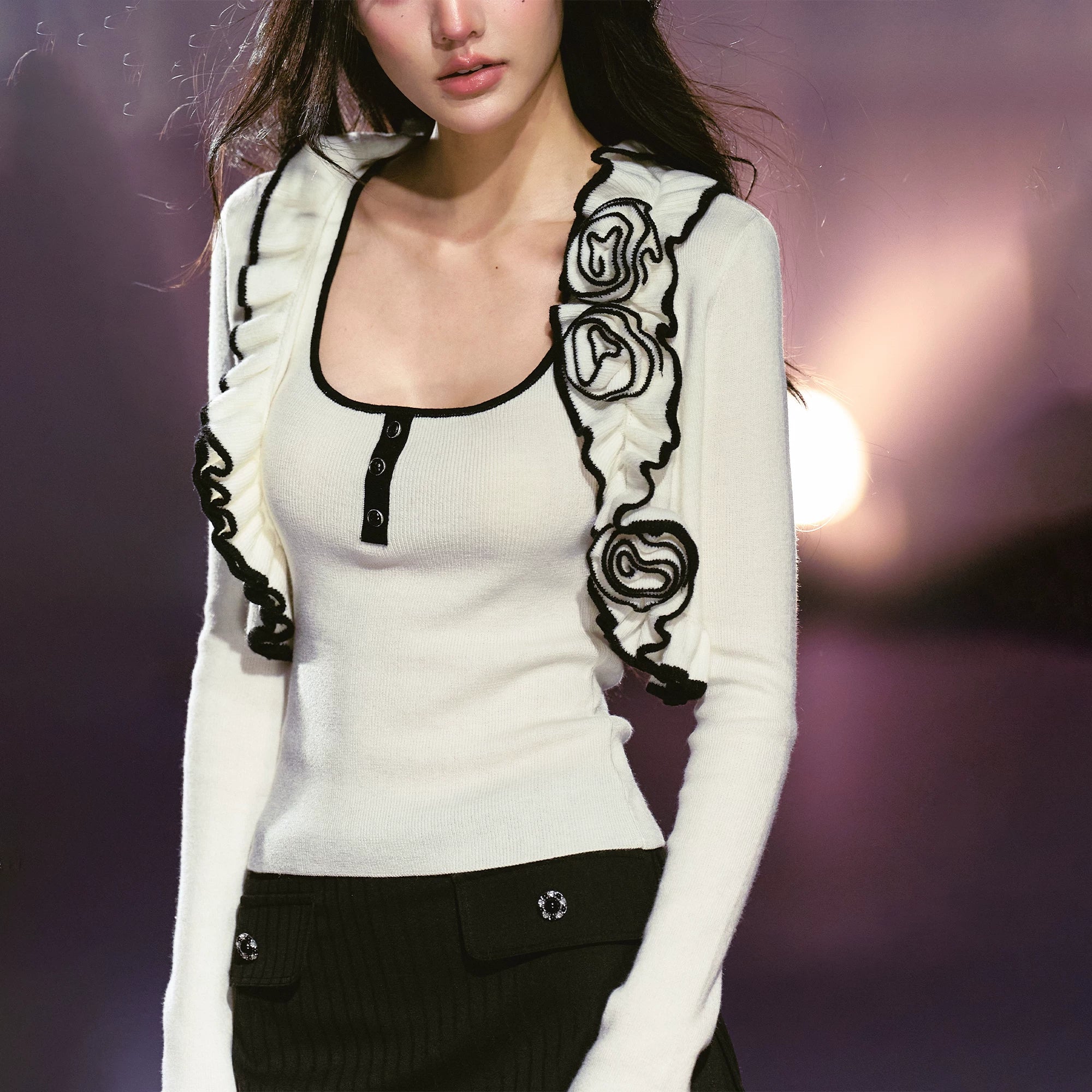 AGAM Flower Cardigan U-neck Slim-fit Contrasting Vest Set