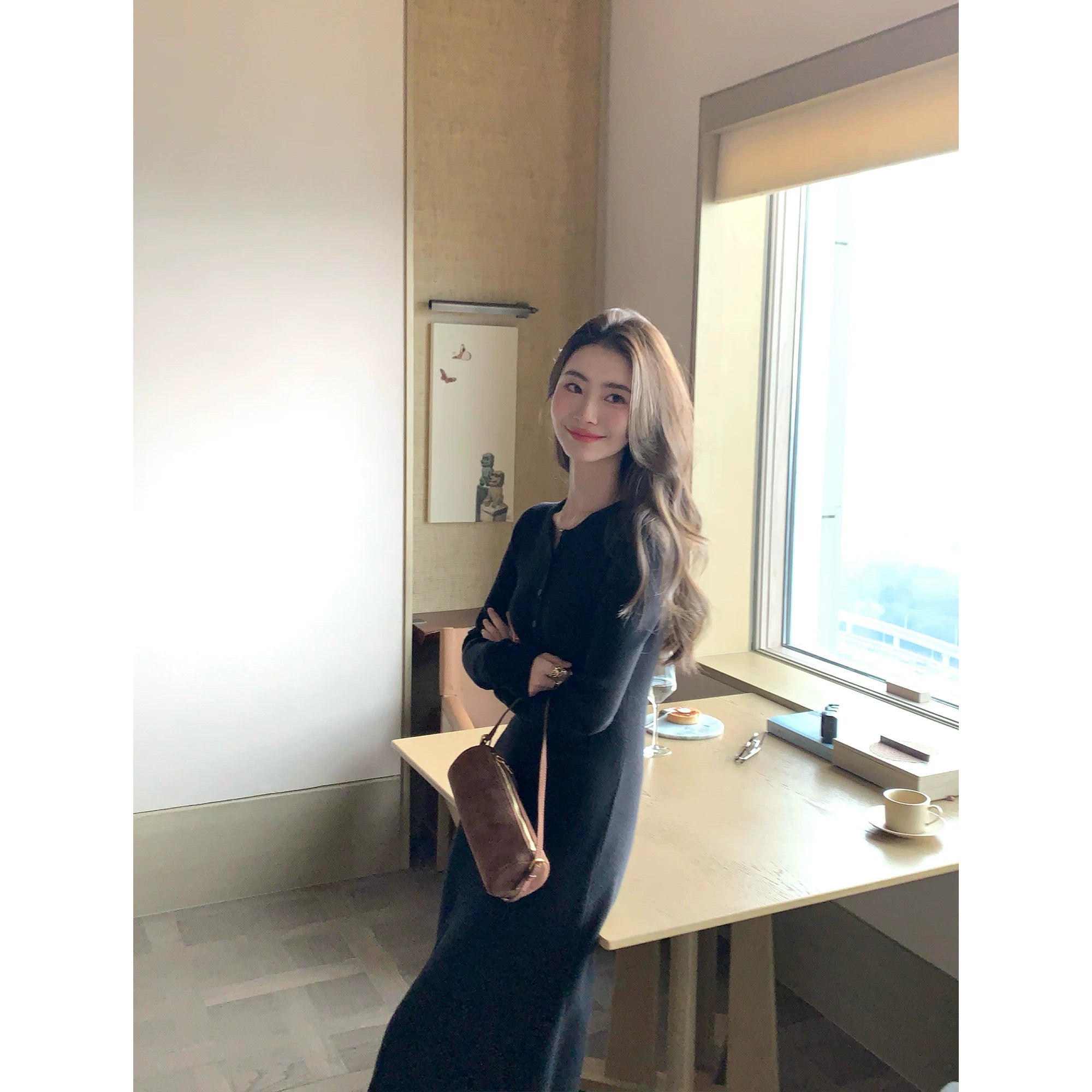 Pusumede Simple Henry Neck Long Sleeve Dress