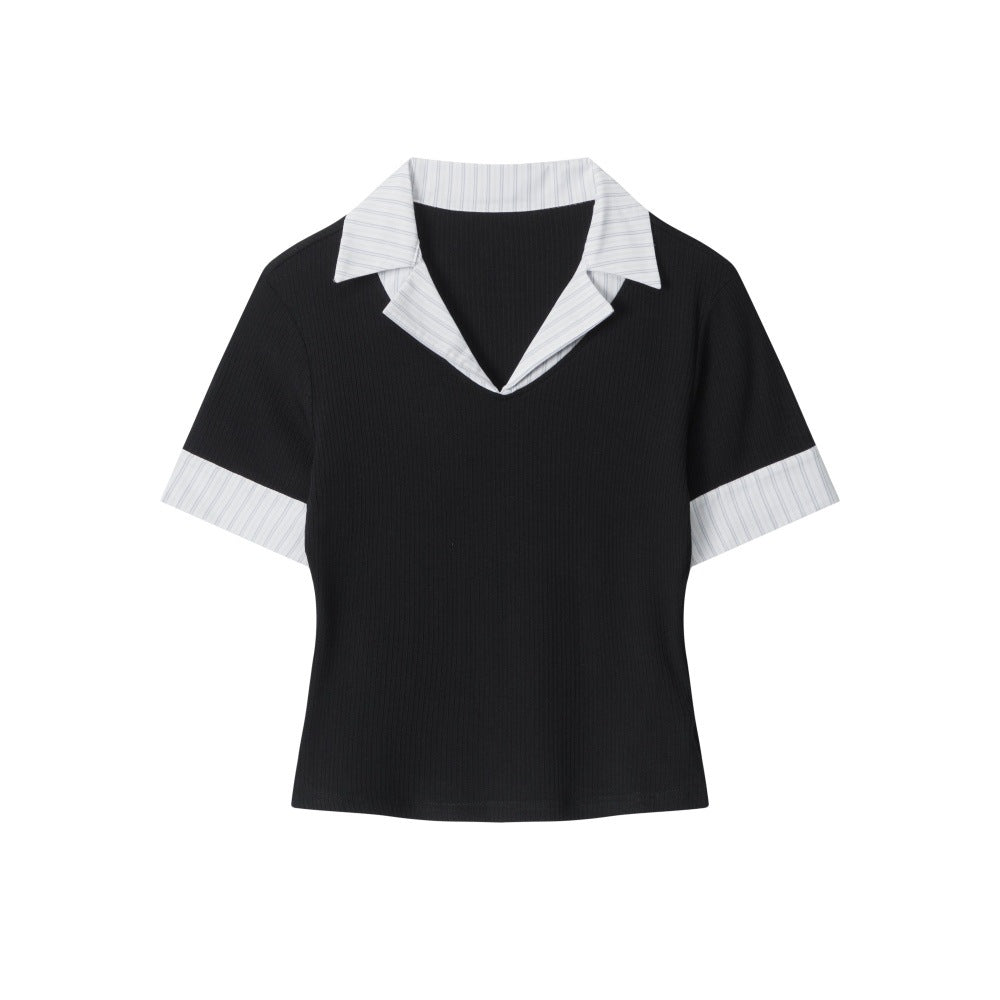 HeyHenry V-neck Fake Two-piece Polo Shirt Front Shoulder Tee