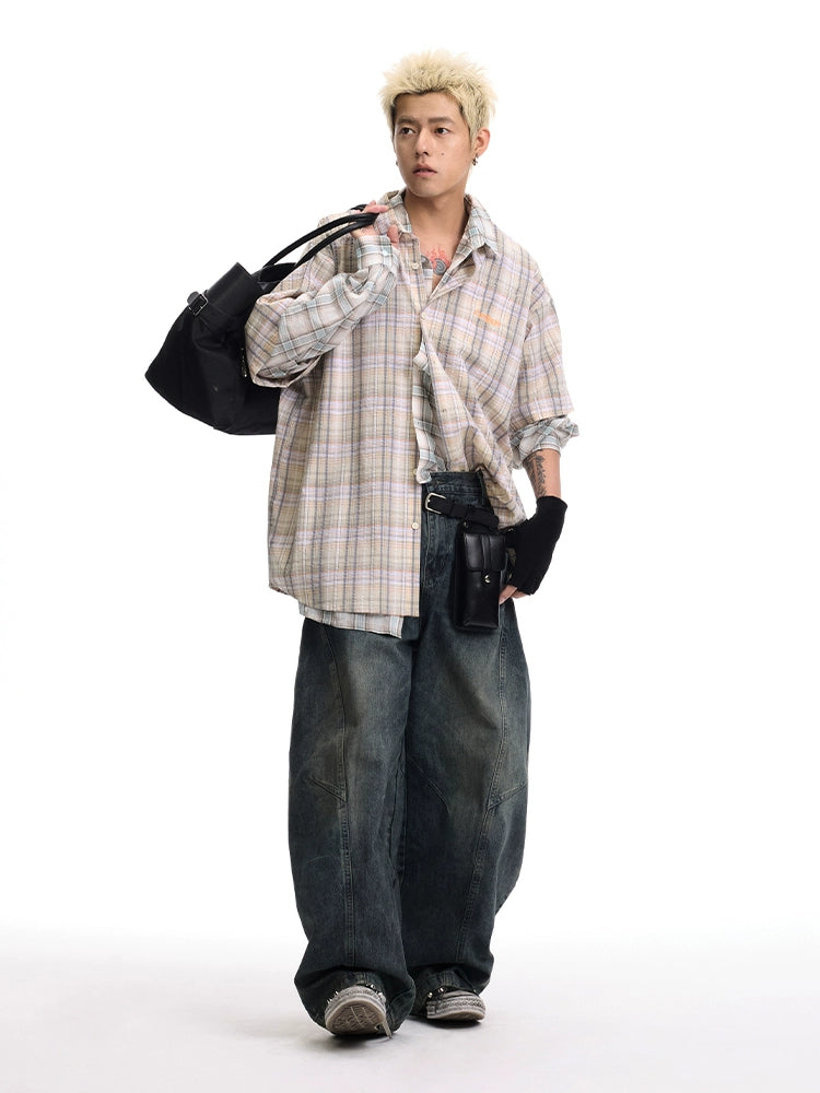 CoosRetro Embroidered Plaid Short Sleeve Shirt