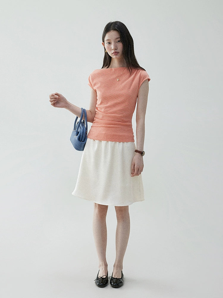 VOOE One-Neck Slash Shoulder Pleated Skinny Striped Tee