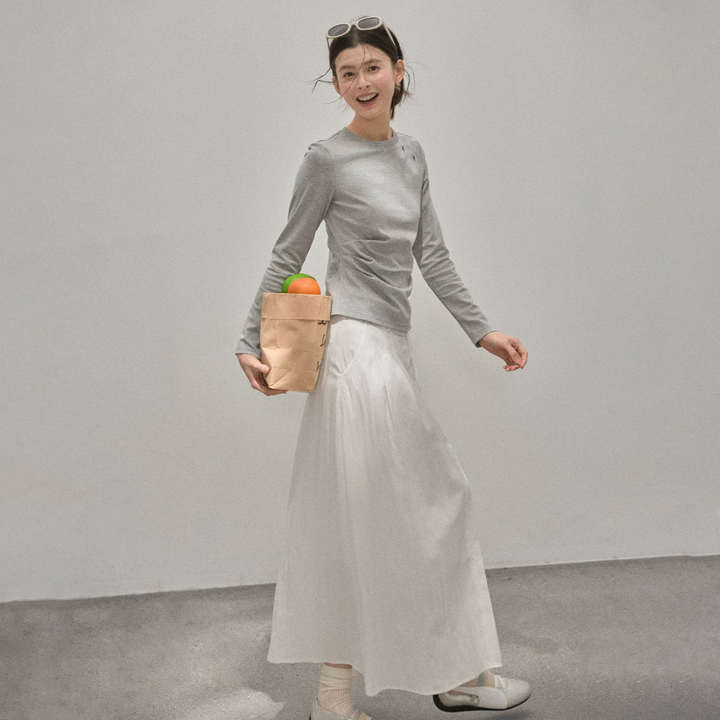 XUJING Pleated Front Shoulder Slim and Thin Tee