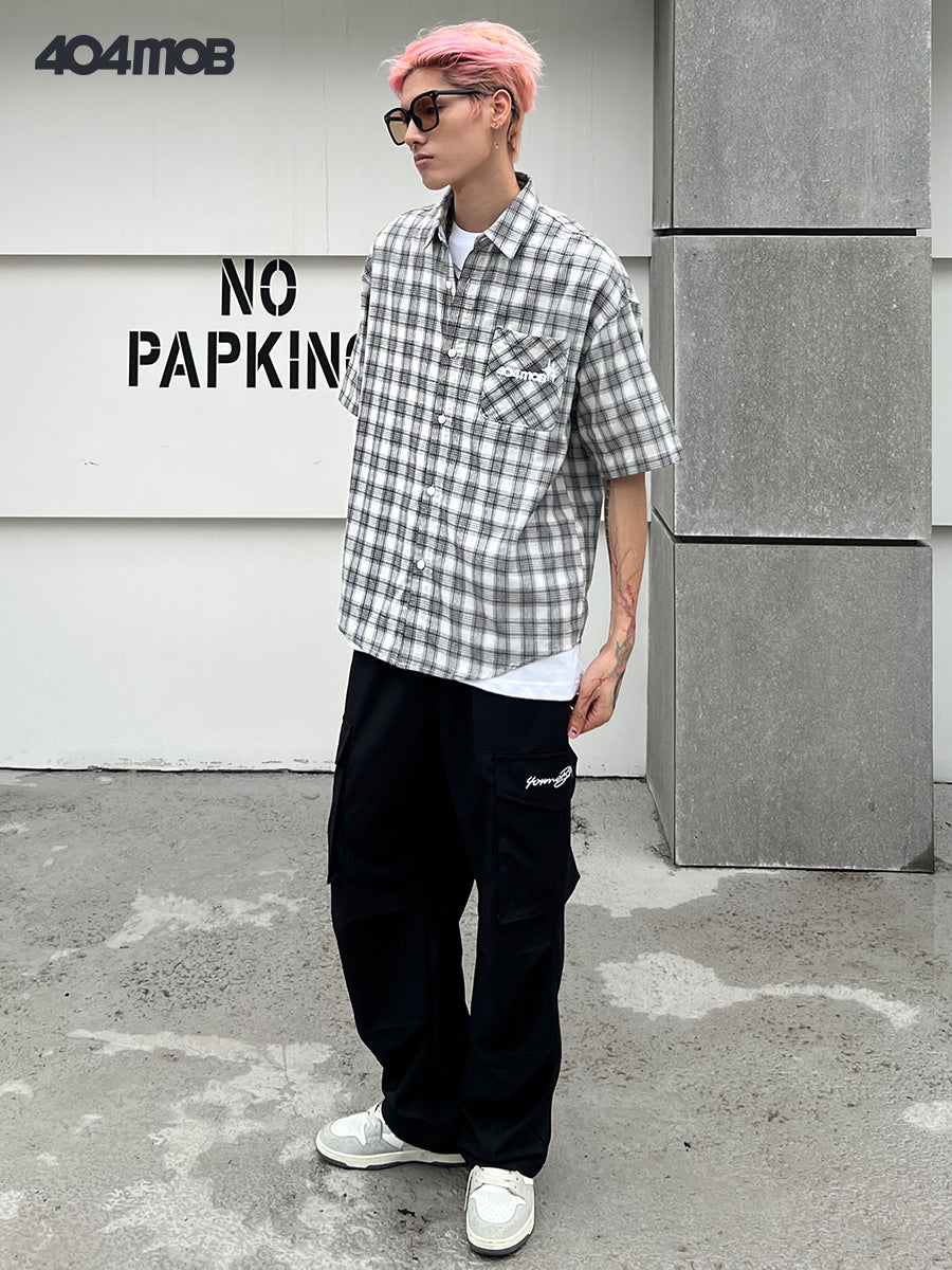404MOB pure cotton black and white plaid short-sleeved shirt
