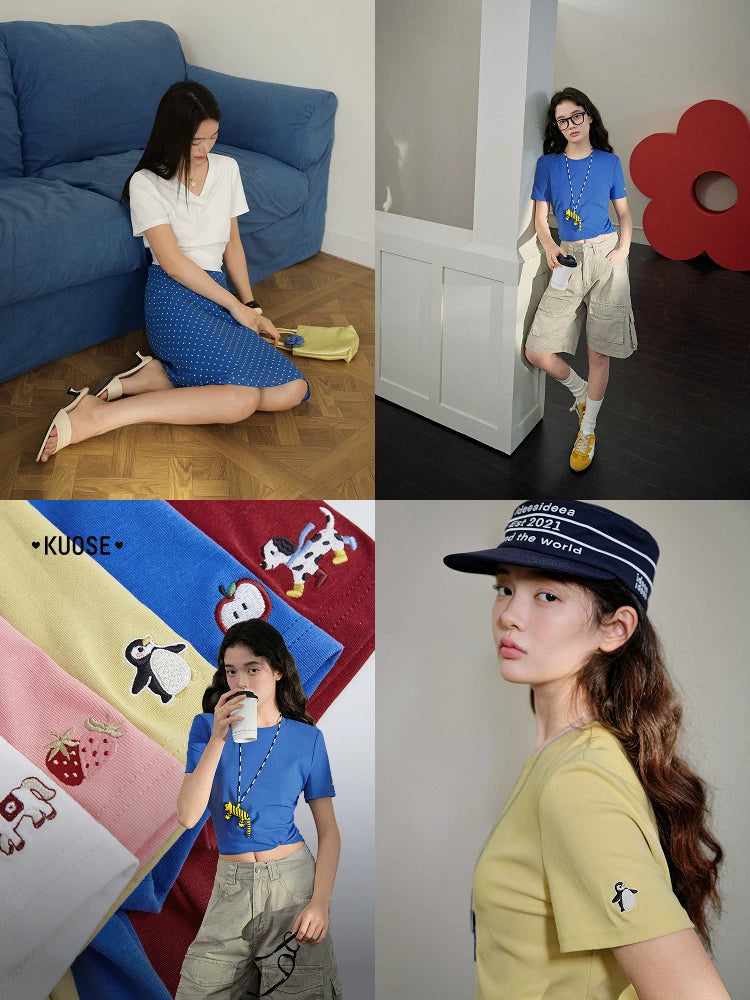 Kuose Crew Neck Embroidered Short Knitted Tee