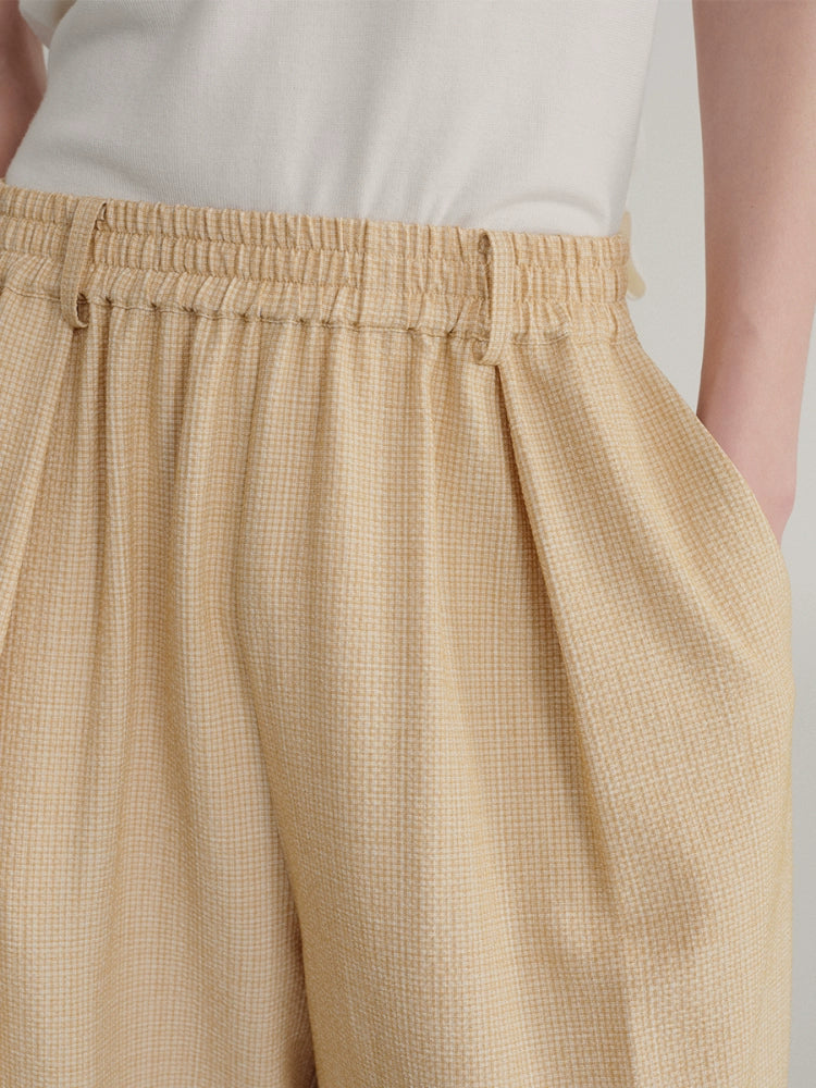 JCAESAR Bubble Pleated Plaid Casual Shorts