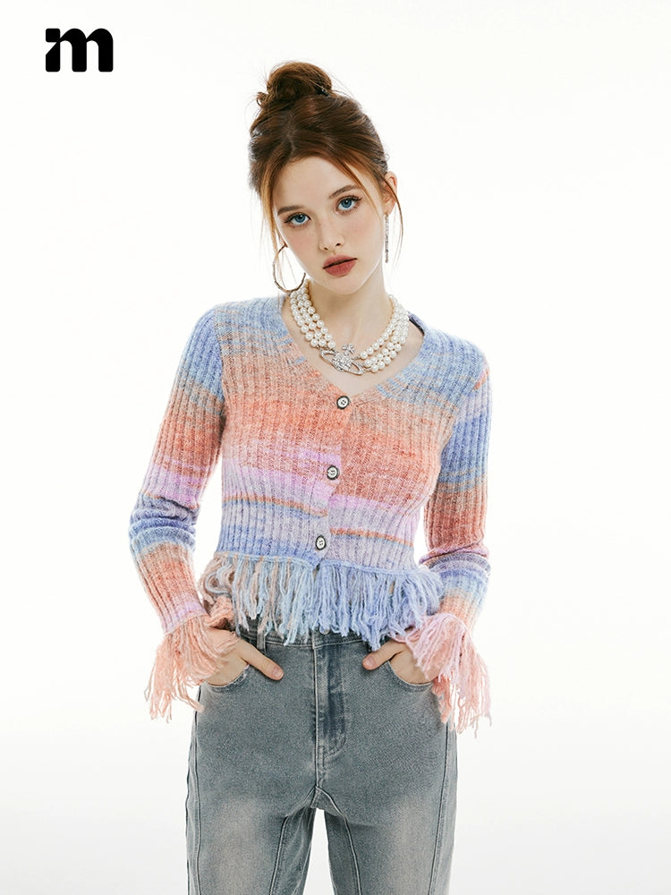 Imone Irregular Gradual Change Contrasting Tassel V-neck Knitted Sweater