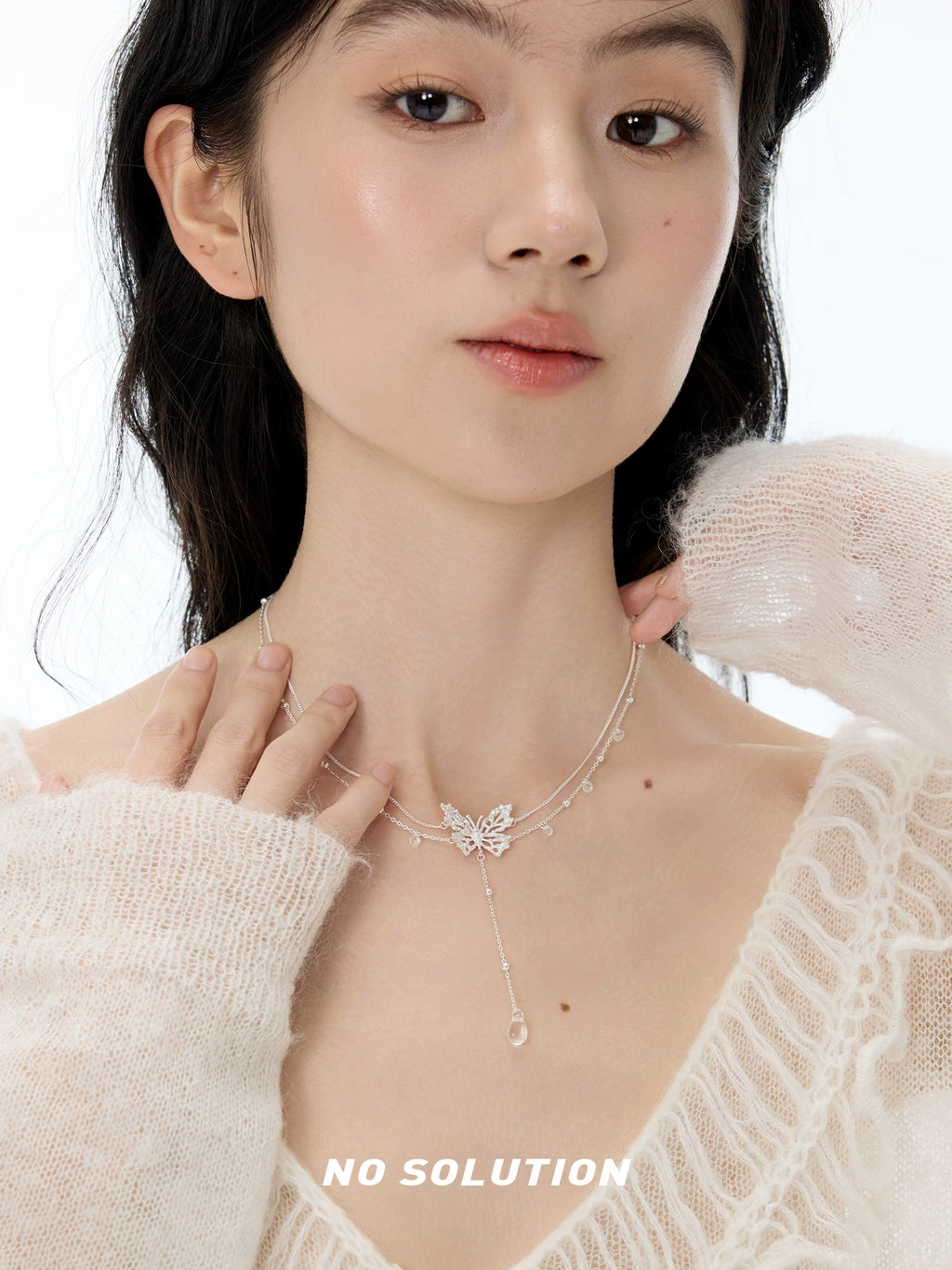NO SOLUTION Lace Butterfly Tassel Crystal Necklace
