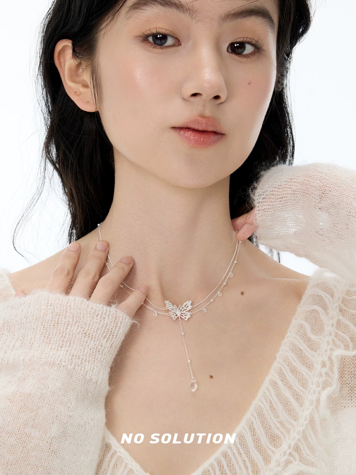 NO SOLUTION Lace Butterfly Tassel Crystal Necklace