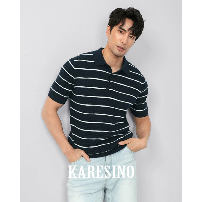 KARESINO Breathable Lapel Striped Polo Knitted Sweater