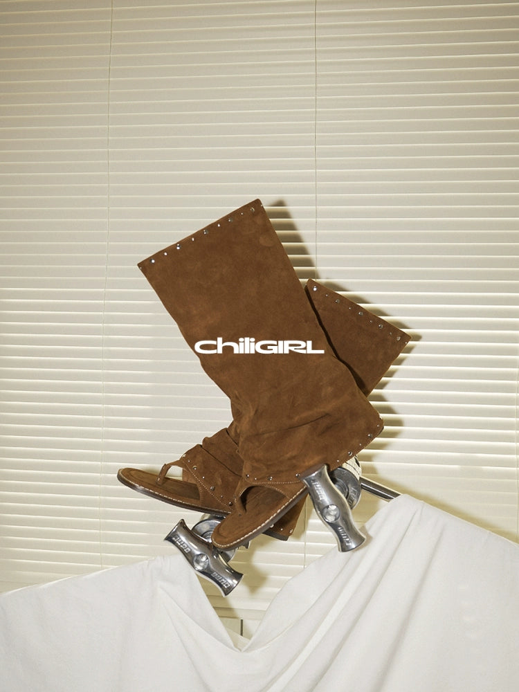 CHILIGIRL Mezzanine Vintage Suede Pleated Pile Pants Tube Boots