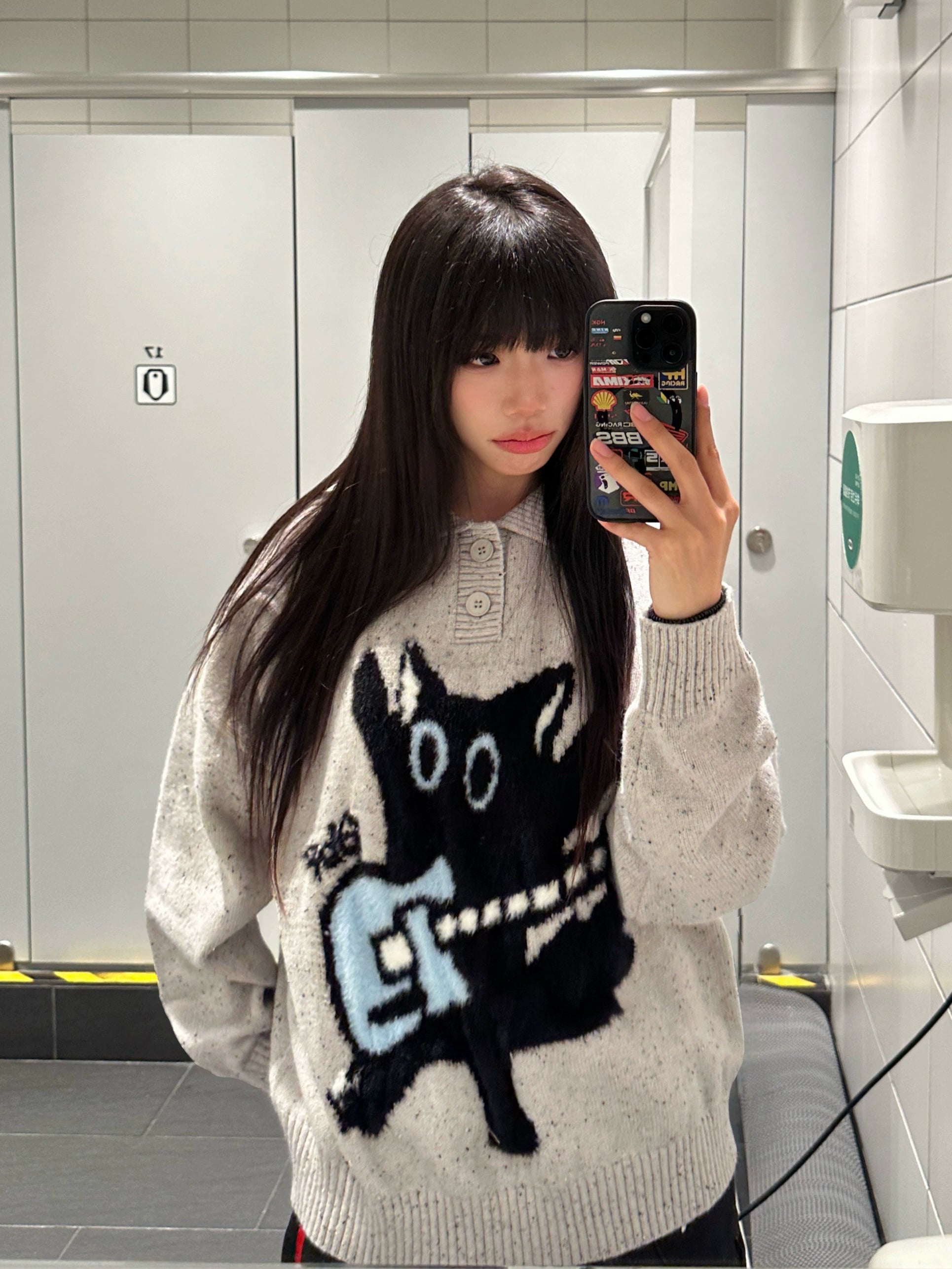 BF. BORFEND Vintage Fun Cat Jacquard Polo Collar Sweater