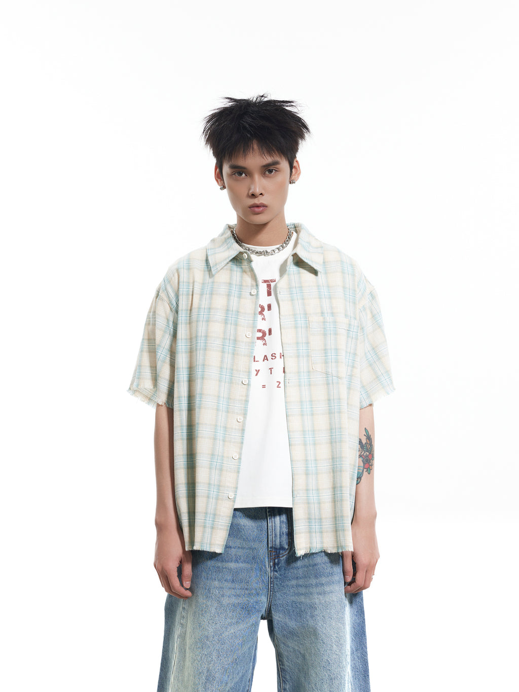 BTSG polished plaid burr short-sleeved shirt