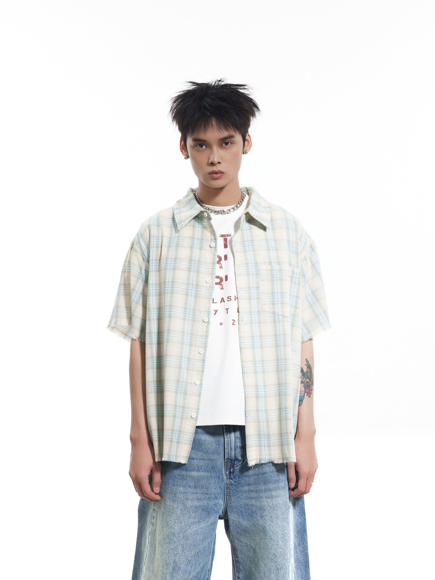 BTSG polished plaid burr short-sleeved shirt