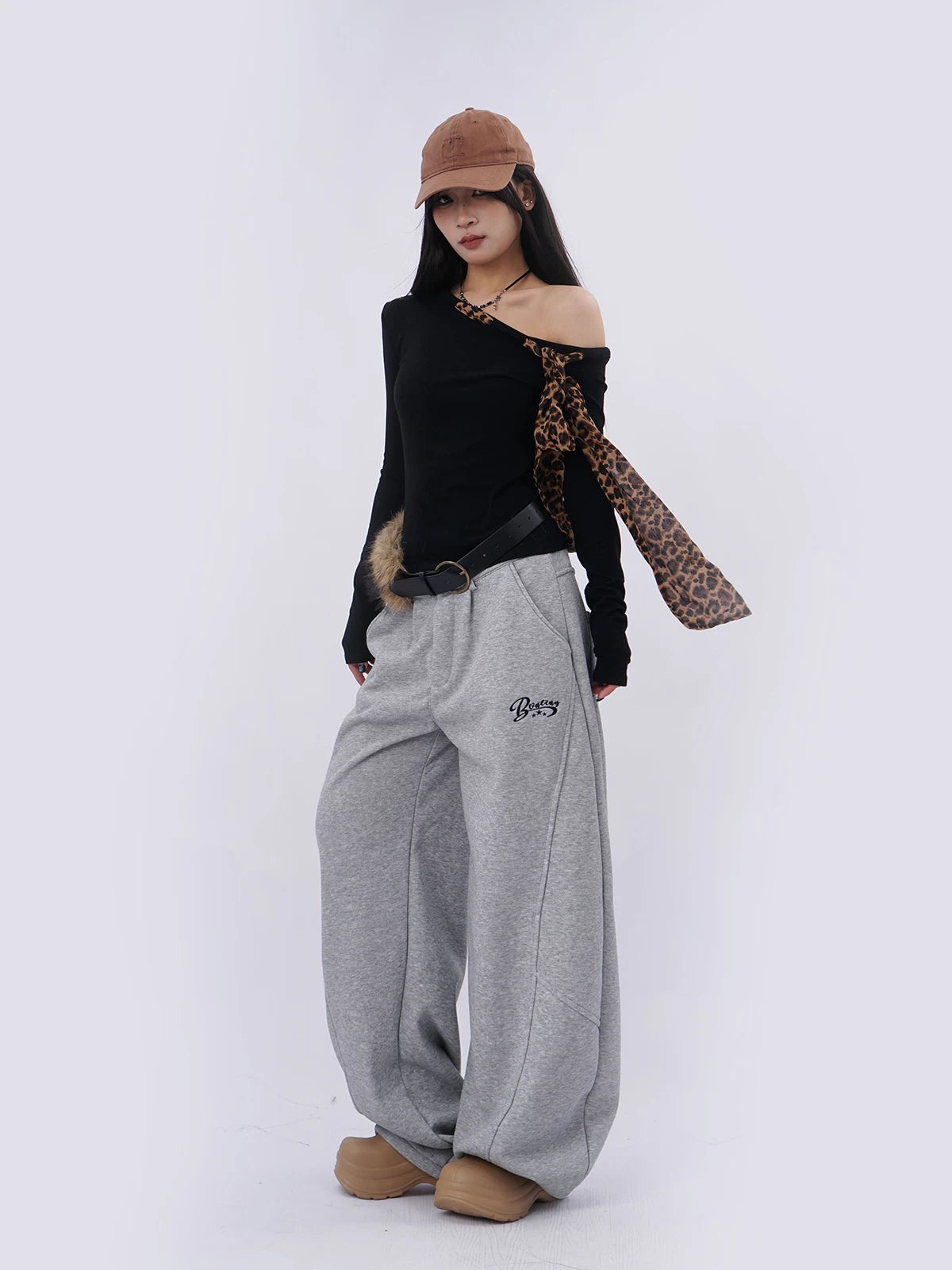 SAMUSAN Long Streamer Leopard Print Slanted Shoulder Long Sleeve