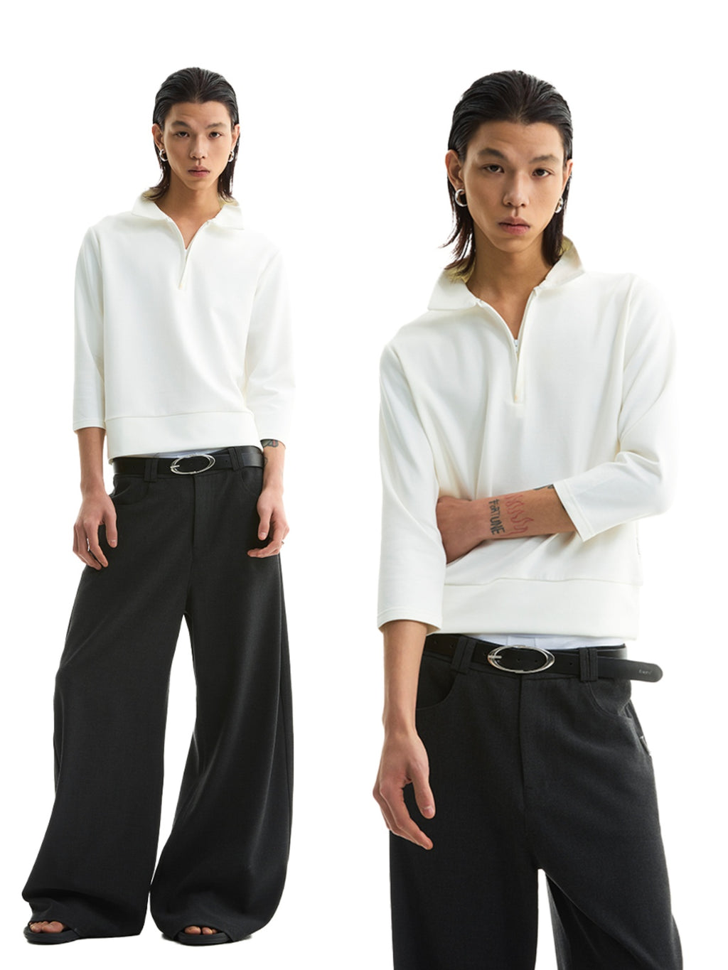 FUNKYFUN Half Zipper Simple Seven-quarter Sleeve Tee