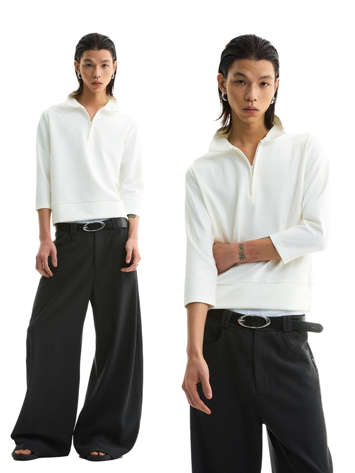 FUNKYFUN Half Zipper Simple Seven-quarter Sleeve Tee