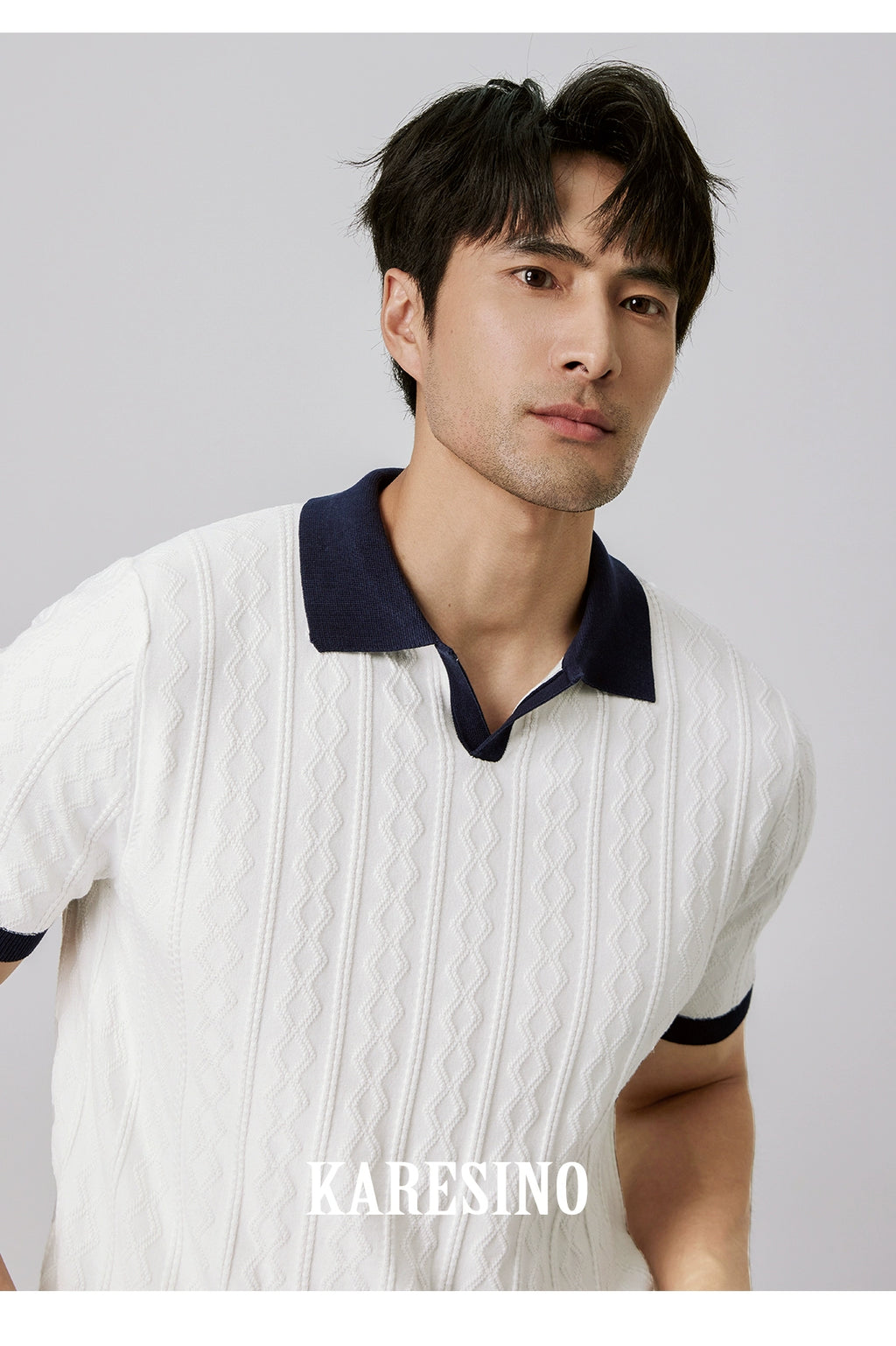 KARESINO Jacquard V-neck Contrasting Splicing Polo Shirt