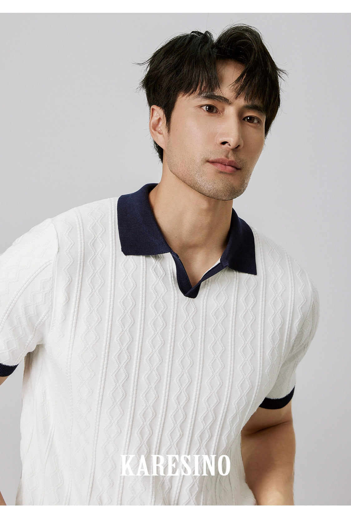 KARESINO Jacquard V-neck Contrasting Splicing Polo Shirt