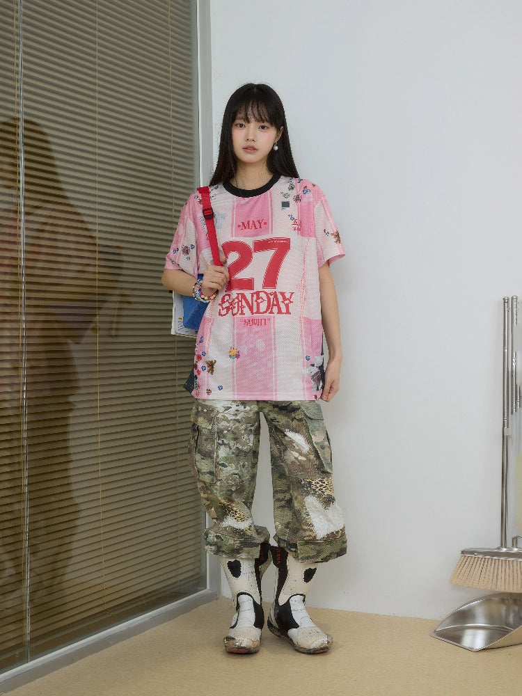 EeeeArtmonster Calendar Striped Sticker Sports Wind Contrasting Tee