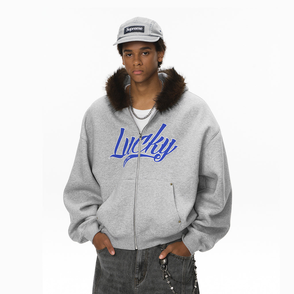 Inflation Hooded Embroidered Plush Collar Short Jacket