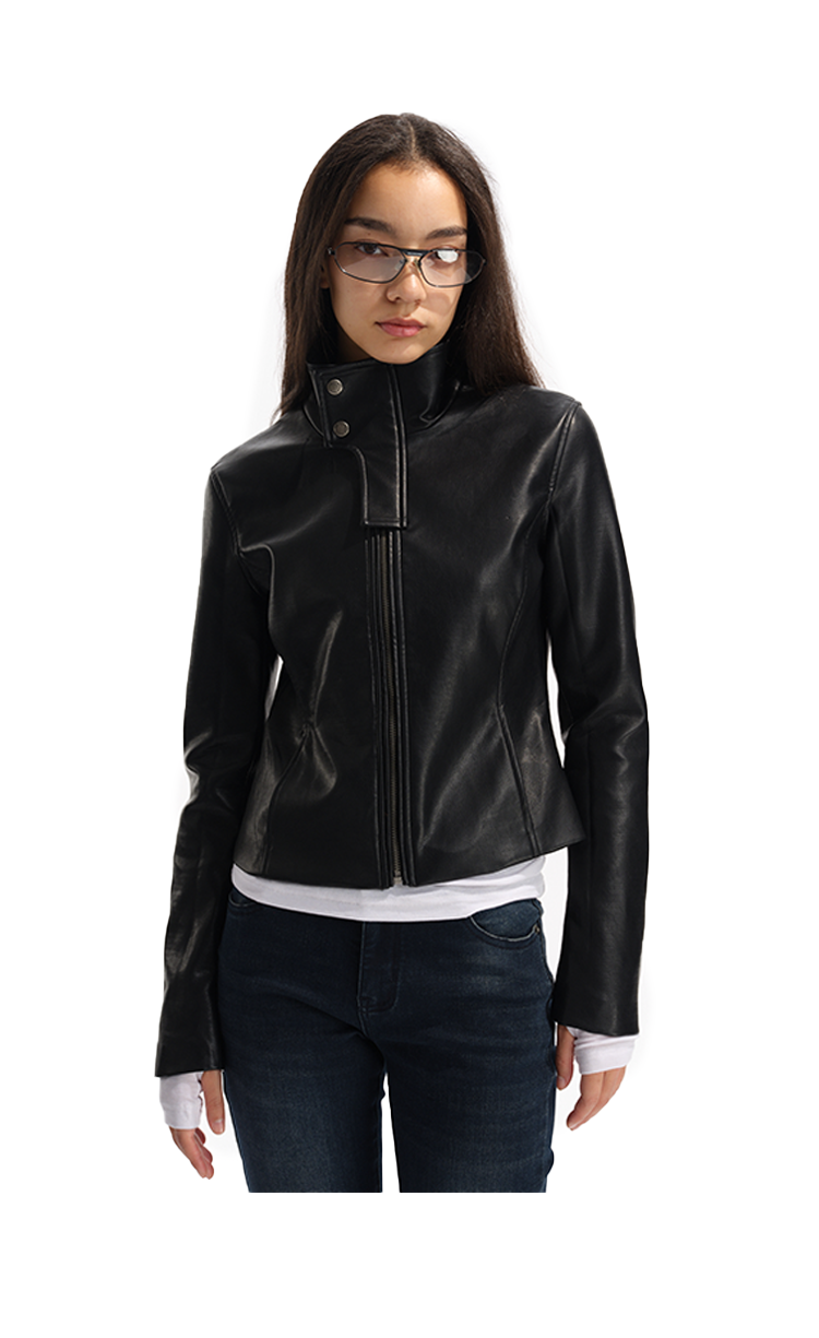 Two Little Guys Stand-up Collar Waist Leather Jacket