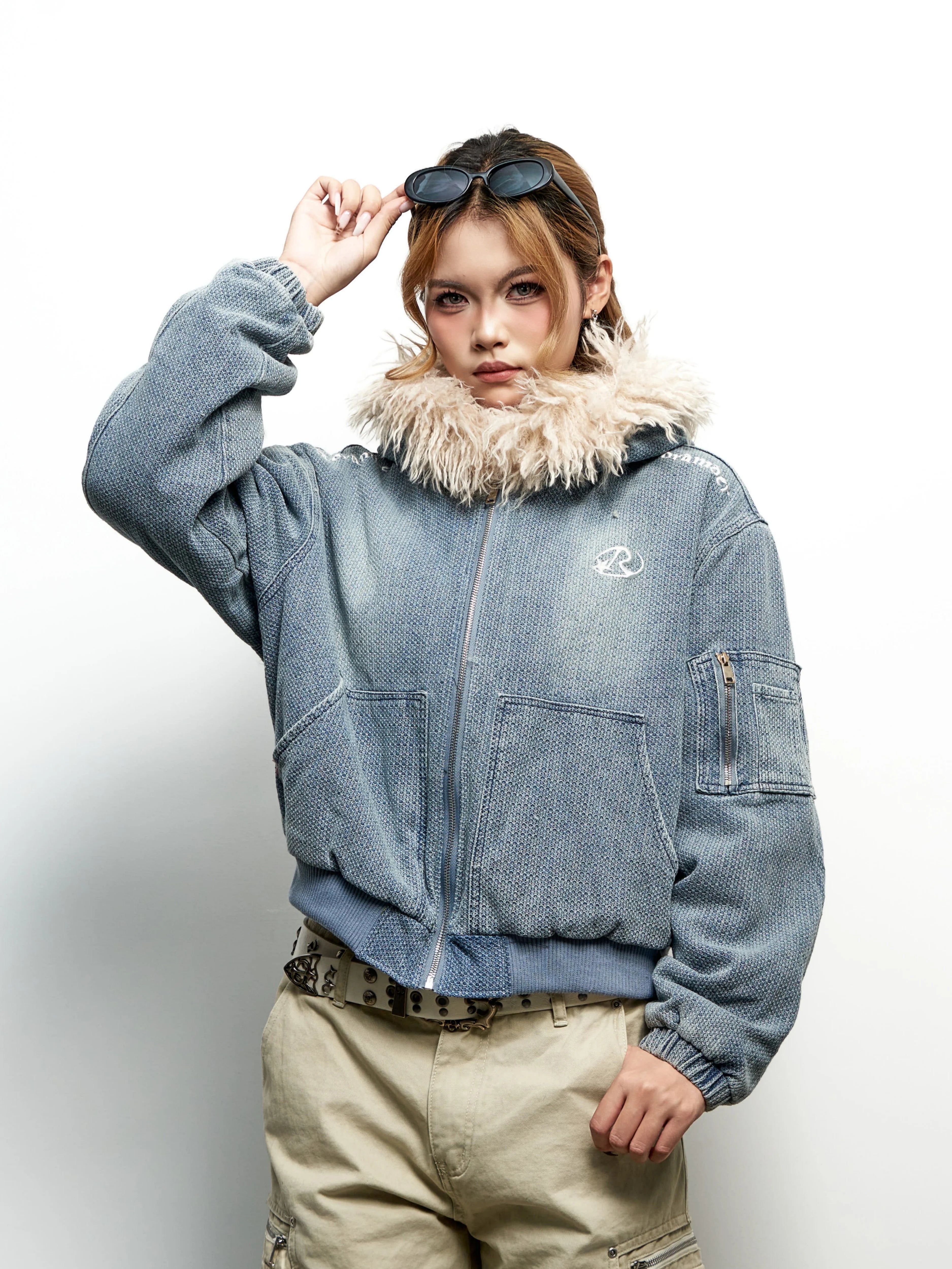 Saimt Retro Faux Fur Collar Hooded Denim Cropped Padded Jacket