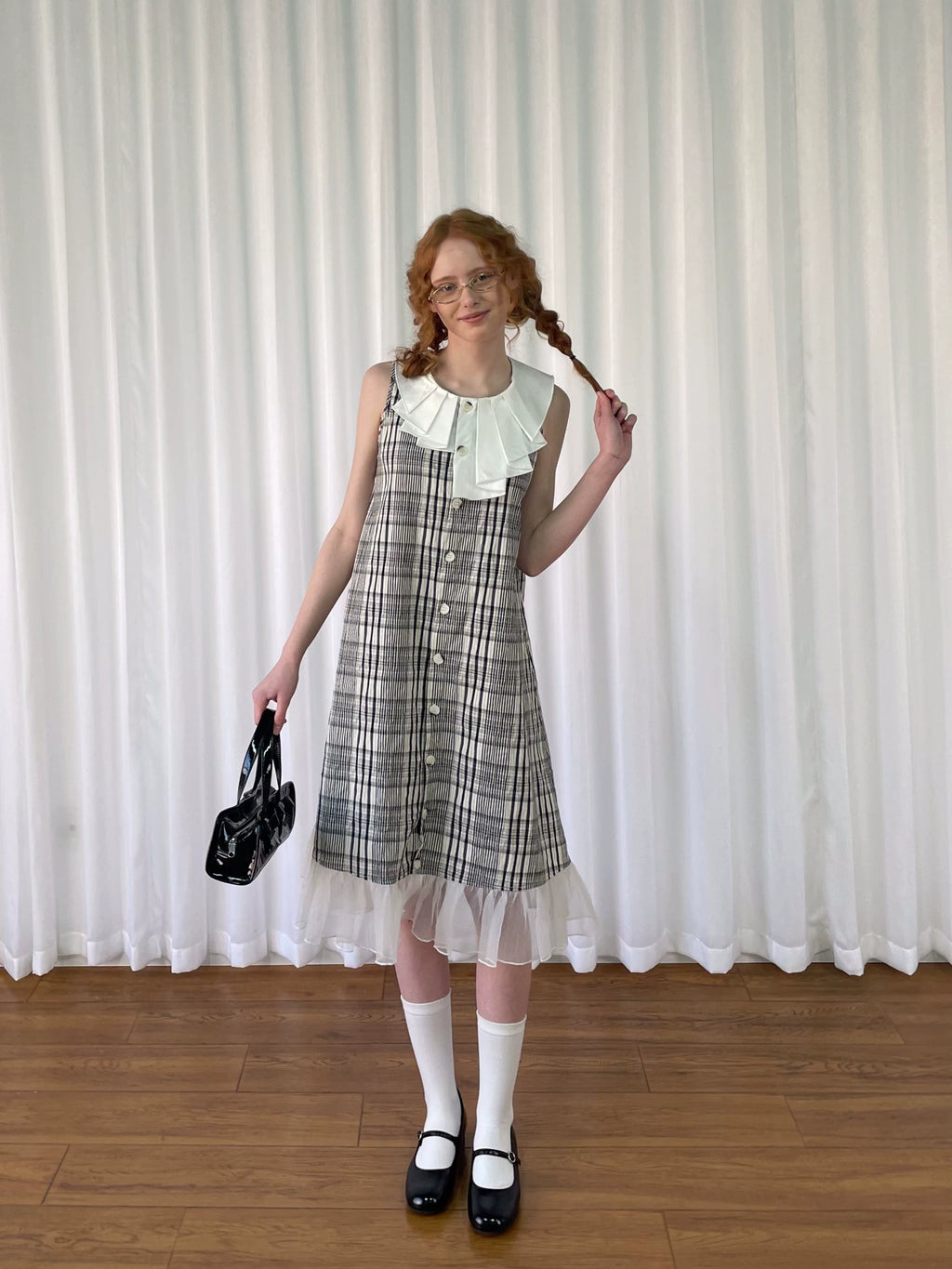 Loosesmell Pleated Neck Plaid Sleeveless Dress